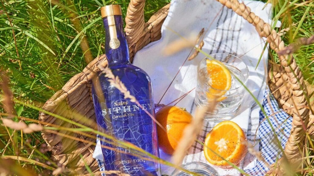 Sithney Bottle And Oranges In Basket In Field